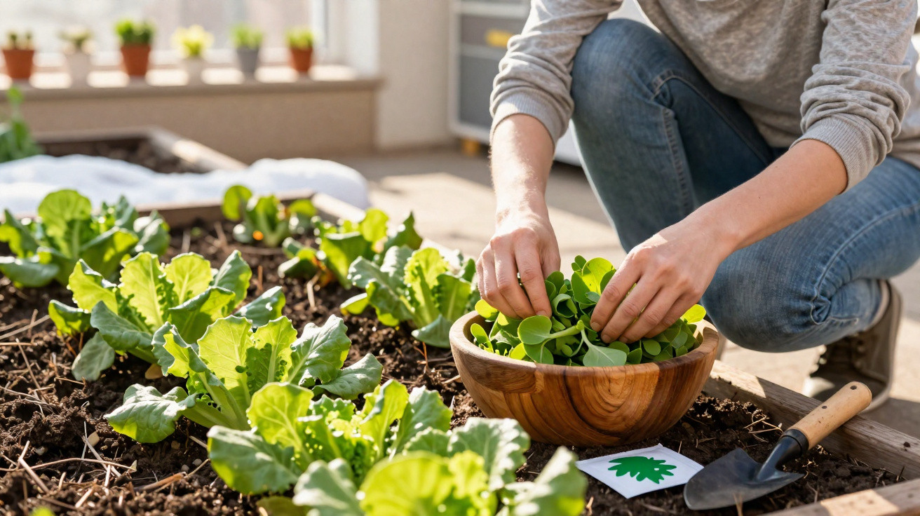 Pessoa a colher verduras frescas num canteiro de hortaliças num jardim urbano, com terra e ferramentas.