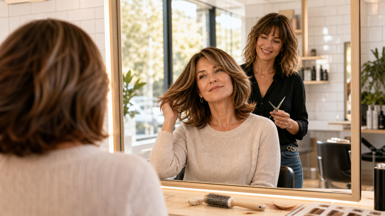 Mulher satisfeita a tocar no cabelo no salão de beleza com cabeleireira sorridente atrás.