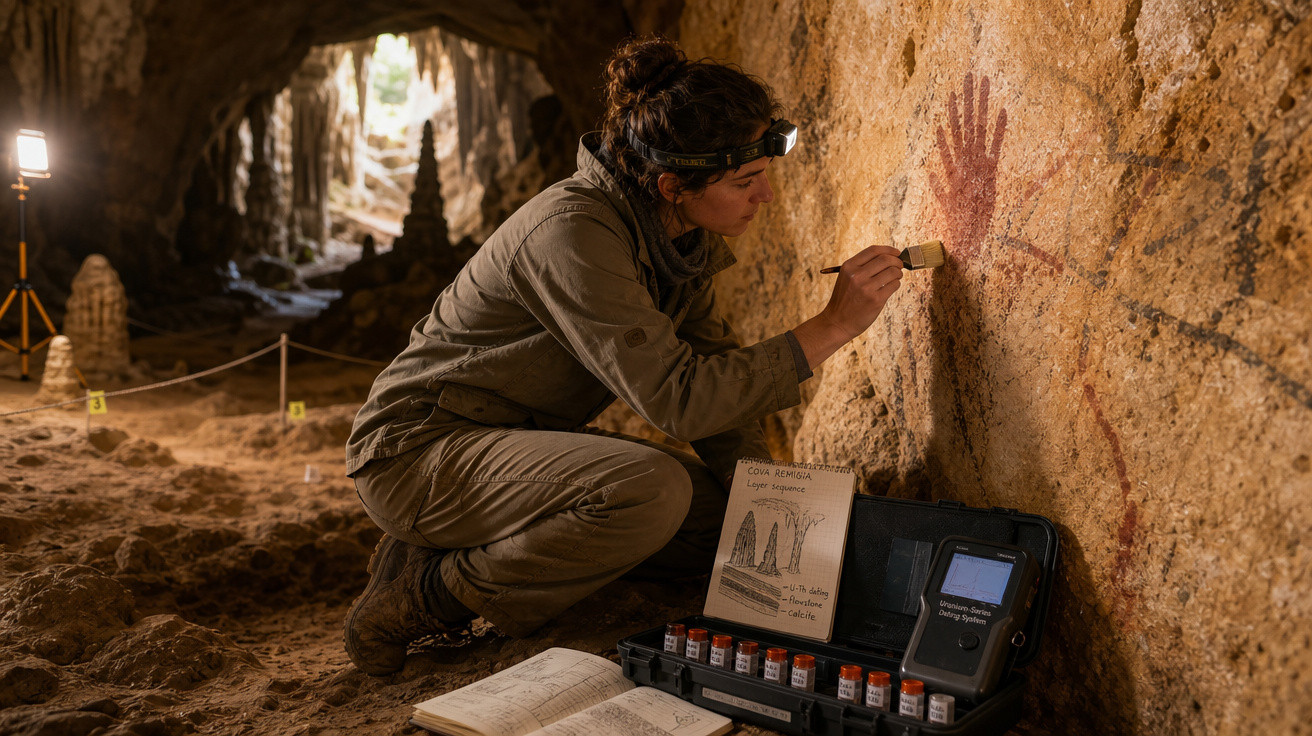 Arqueóloga a documentar pinturas rupestres numa caverna com equipamentos de escavação e registo.