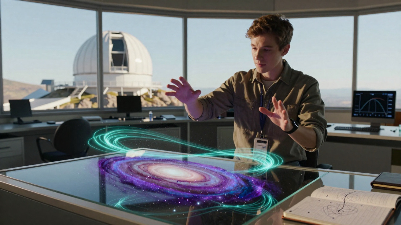 Jovem a interagir com projeção holográfica de uma galáxia numa sala de observatório astronómico.