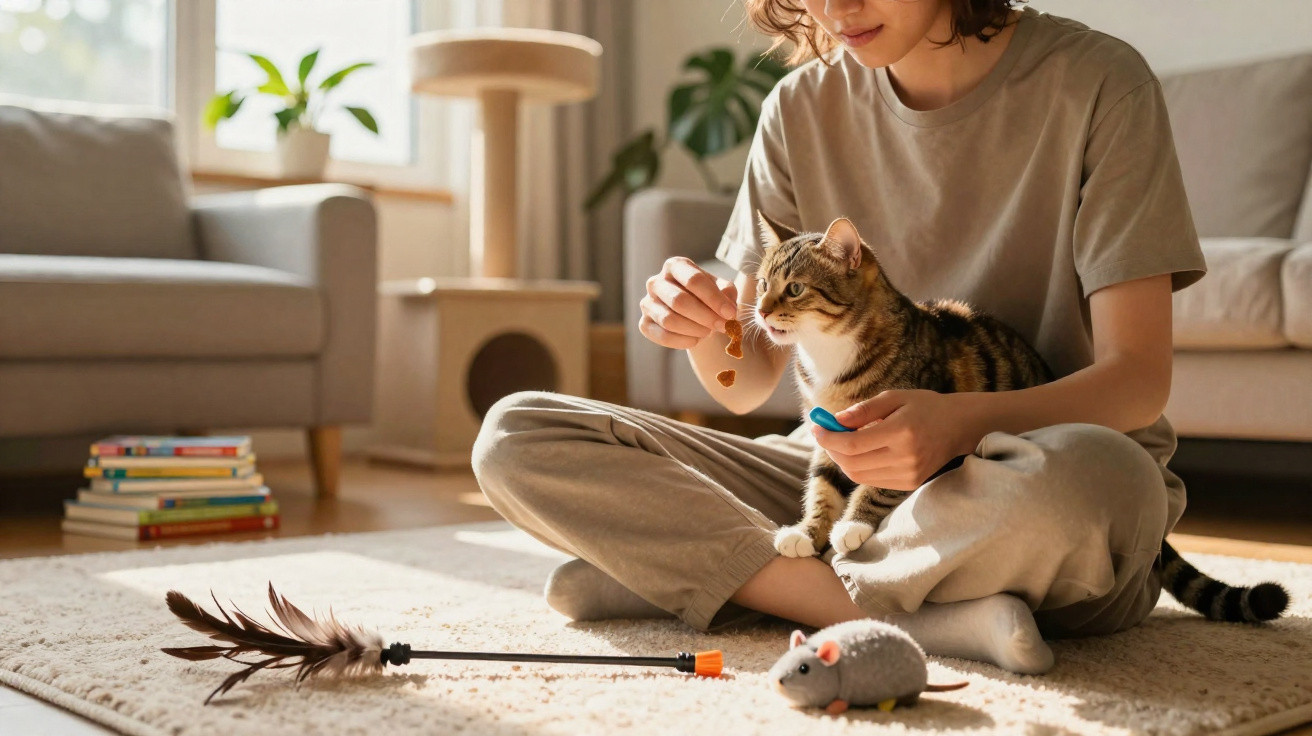 Pessoa sentada no chão a alimentar um gato com petiscos num ambiente doméstico iluminado.