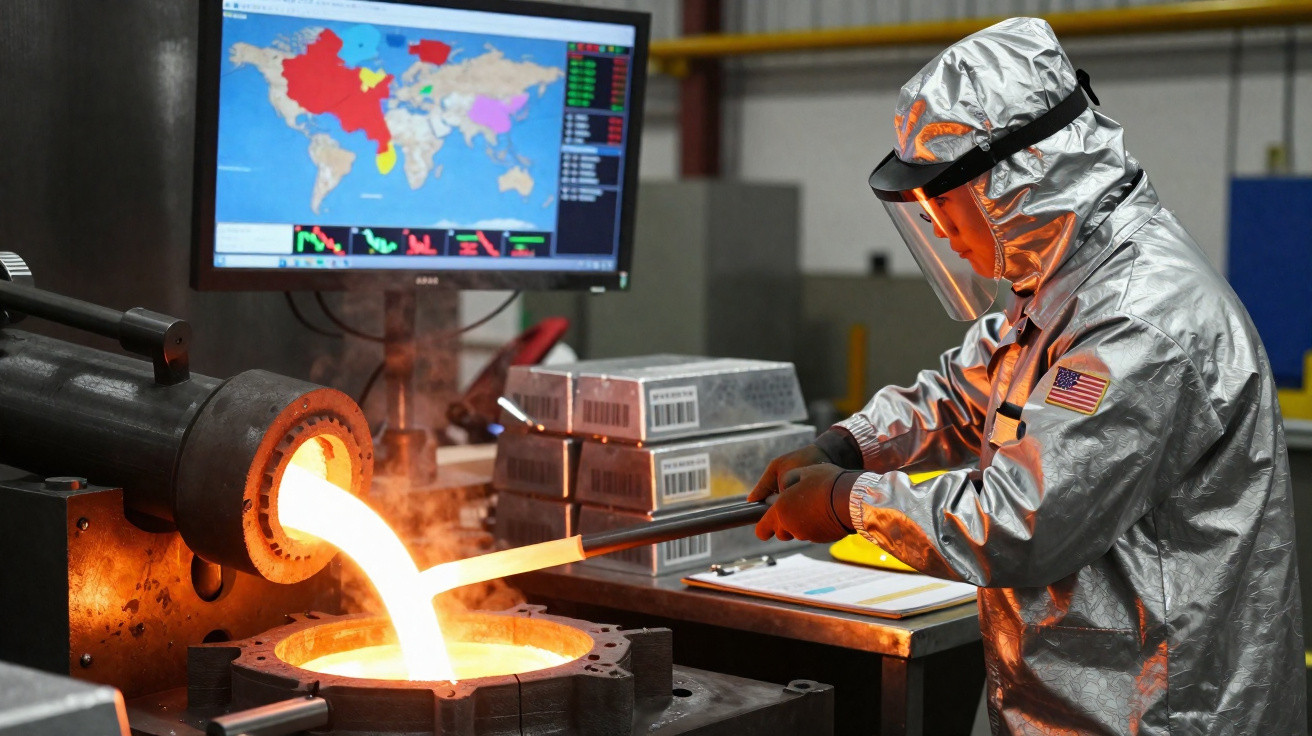 Trabalhador em fato de proteção a verter metal fundido em molde numa fábrica, com monitor de mapa mundial ao fundo.