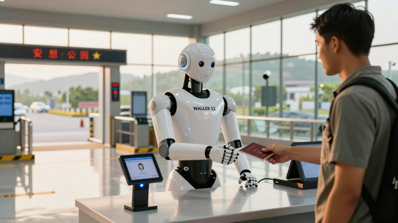 Robô a analisar passaporte entregue por jovem numa receção futurista com vista para uma estrada exterior.