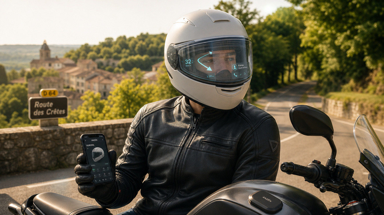 Motociclista de capacete branco e casaco de couro preta mostra telemóvel com aplicação numa estrada rural.