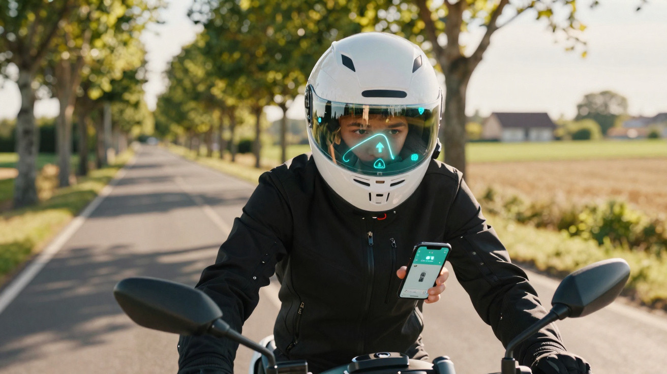 Motociclista com capacete branco e visor digital utiliza smartphone numa estrada rodeada de árvores e campo.