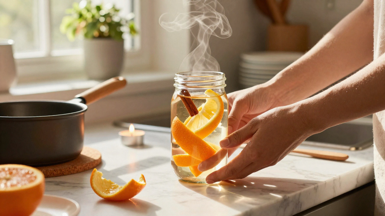 Mãos seguram frasco com bebida quente, pau de canela e cascas de laranja numa cozinha iluminada.