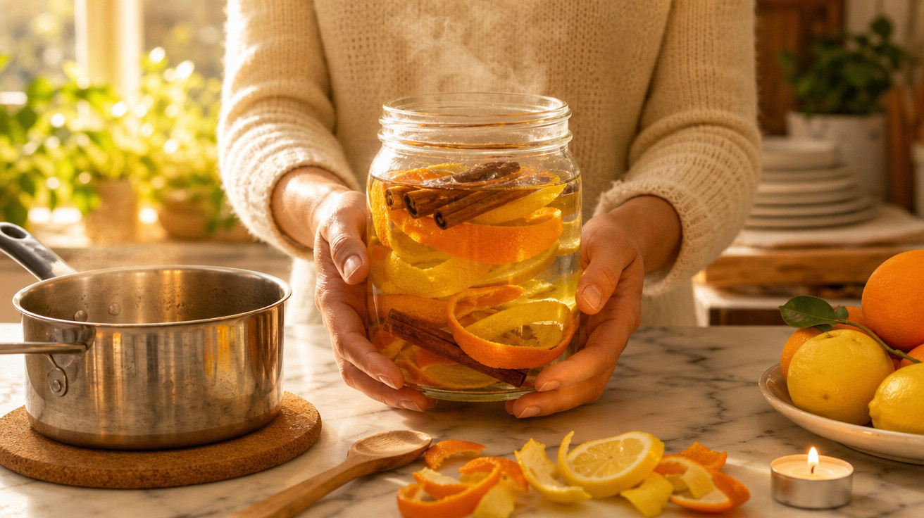 Pessoa segura frasco com cascas de cítricos e paus de canela na cozinha iluminada e acolhedora.
