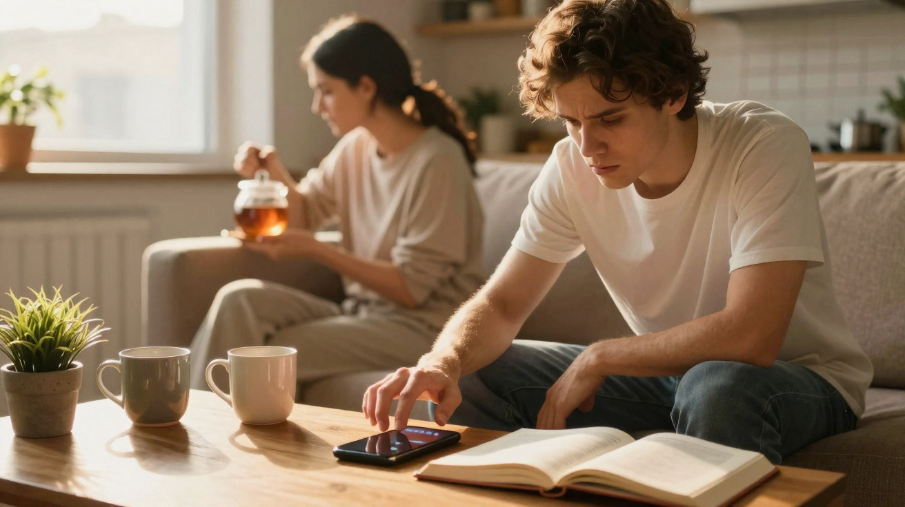 Homem sentado no sofá a usar telemóvel com livro aberto, mulher ao fundo a servir chá numa sala iluminada.