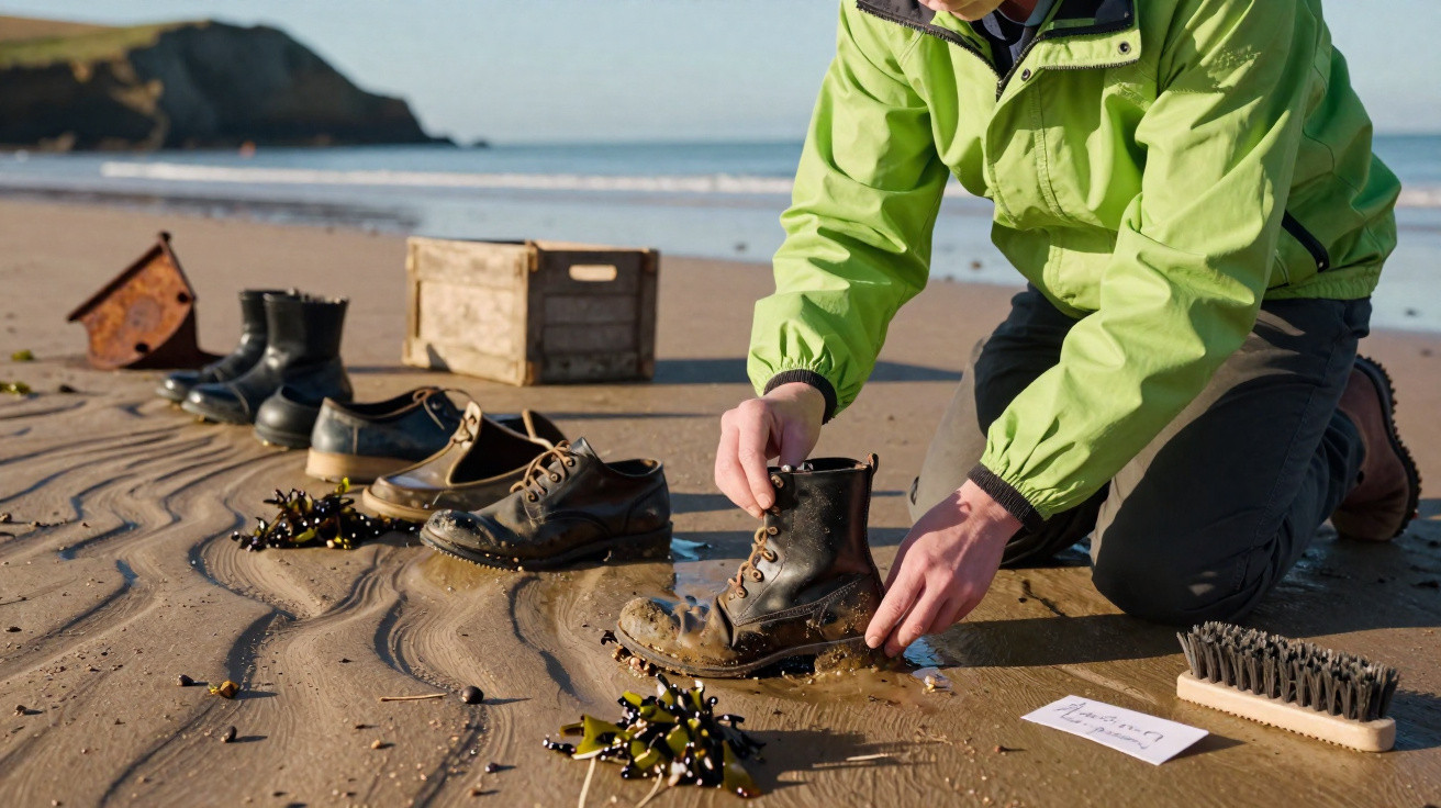 Pessoa com casaco verde limpa botas de diferentes tipos numa praia, rodeado de algas e utensílios.