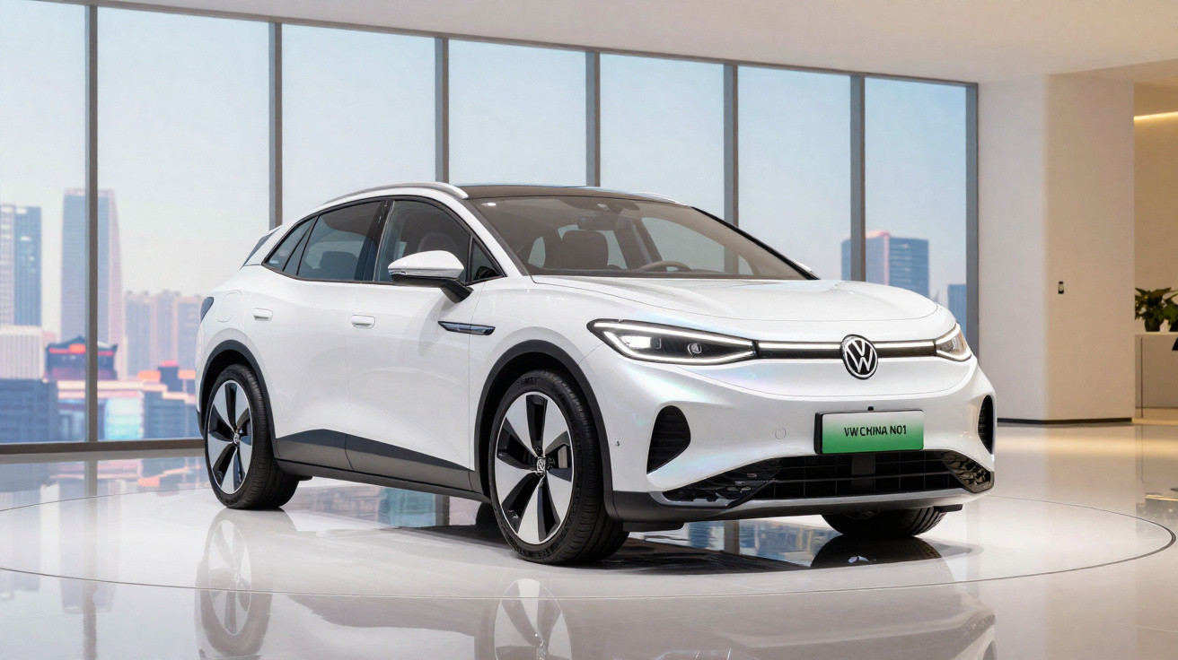 Veículo elétrico Volkswagen branco exibido num showroom moderno com grandes janelas panorâmicas.