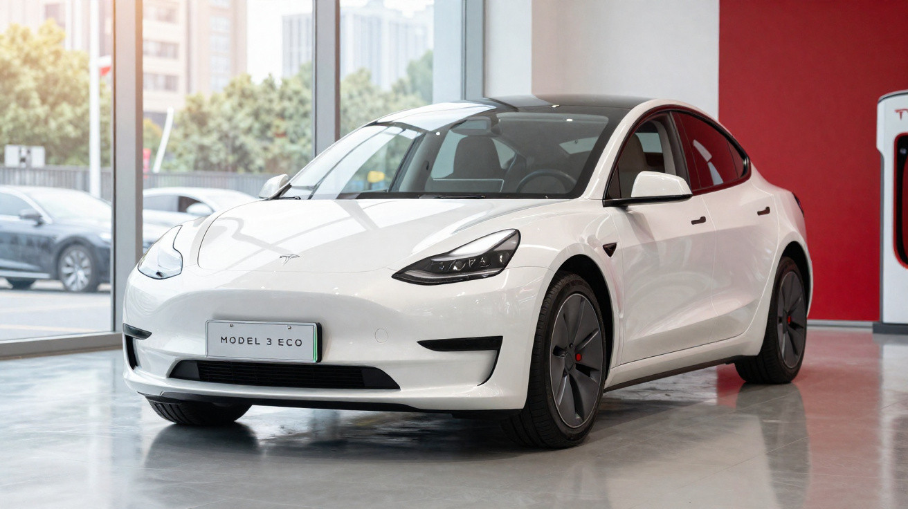 Carro elétrico Tesla Model 3 Eco branco estacionado em showroom moderno com grandes janelas.