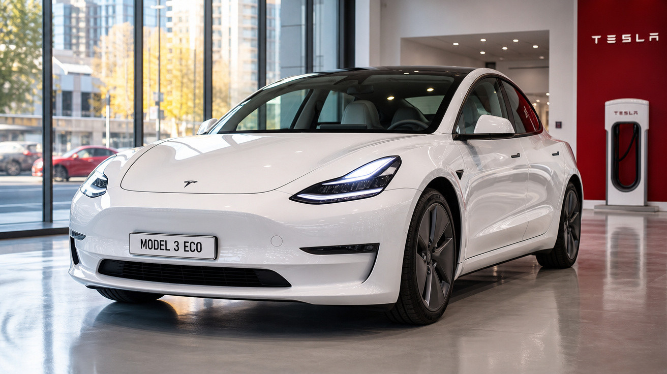 Carro elétrico Tesla Model 3 Eco branco, estacionado numa showroom moderna com janelas grandes.