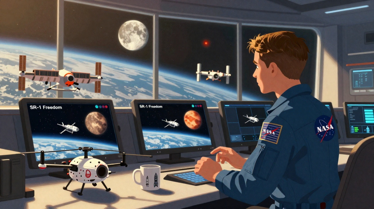 Astronauta na ISS controla drones espaciais com vista da Terra e da Lua pelas janelas da estação espacial.