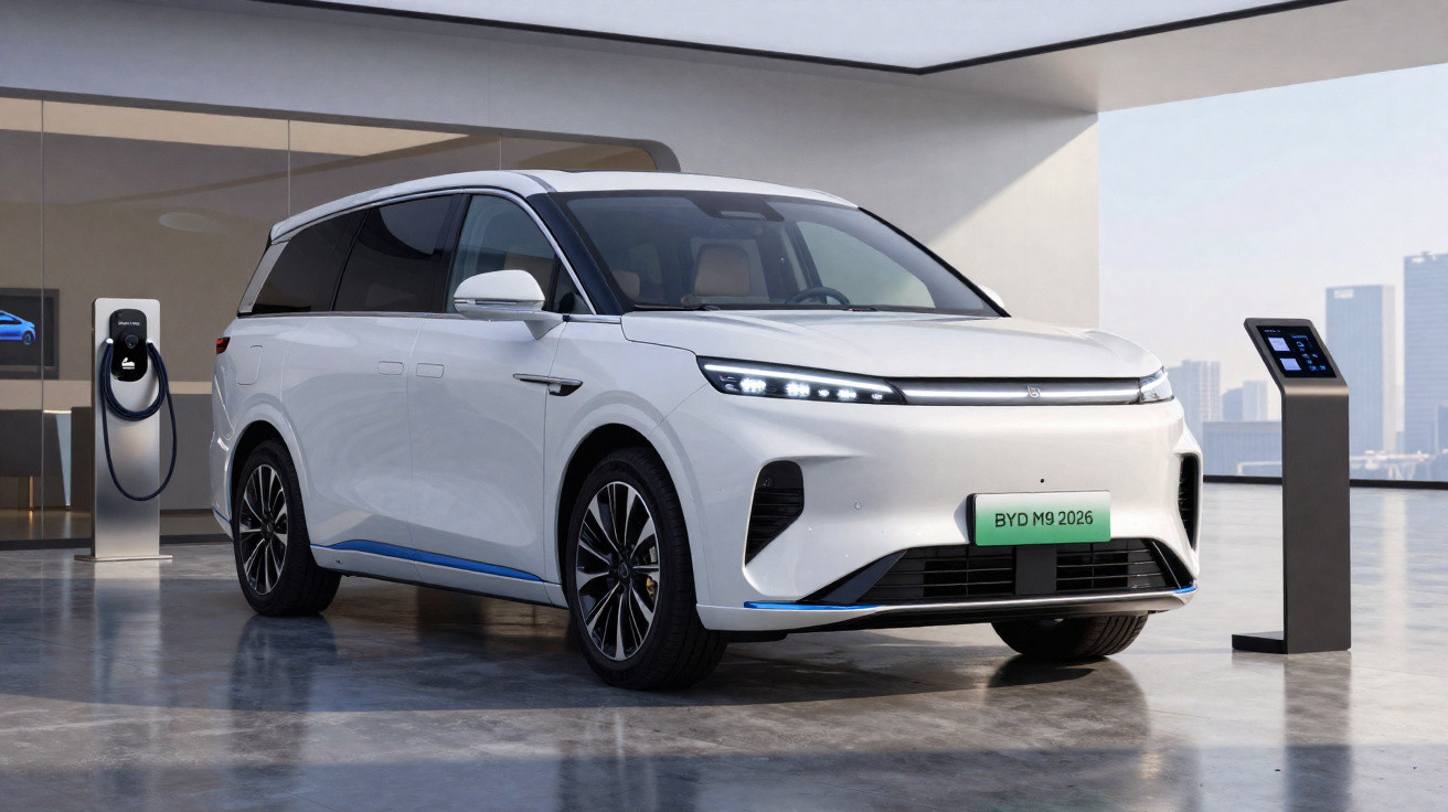 Automóvel elétrico branco estacionado dentro de garagem moderna com posto de carregamento à esquerda.