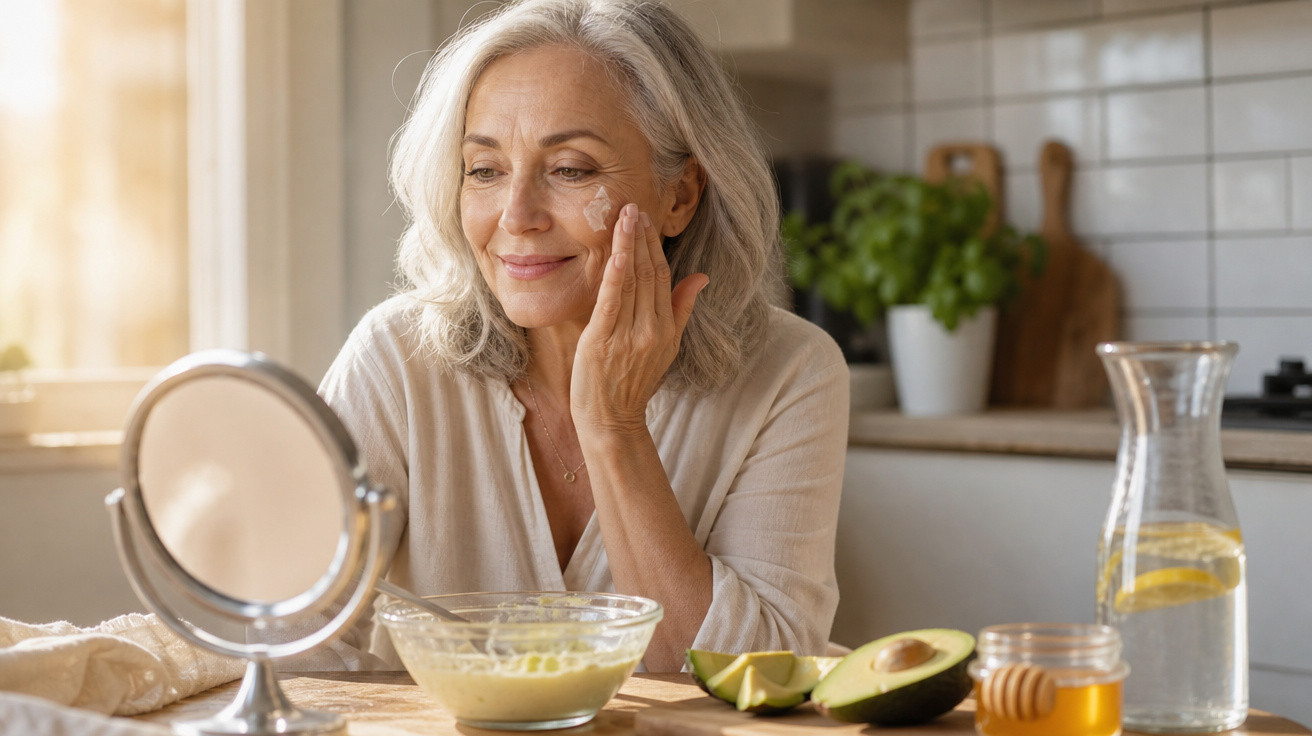 Mulher sénior a aplicar creme no rosto sentada numa cozinha luminosa com abacate, mel e limão na mesa.
