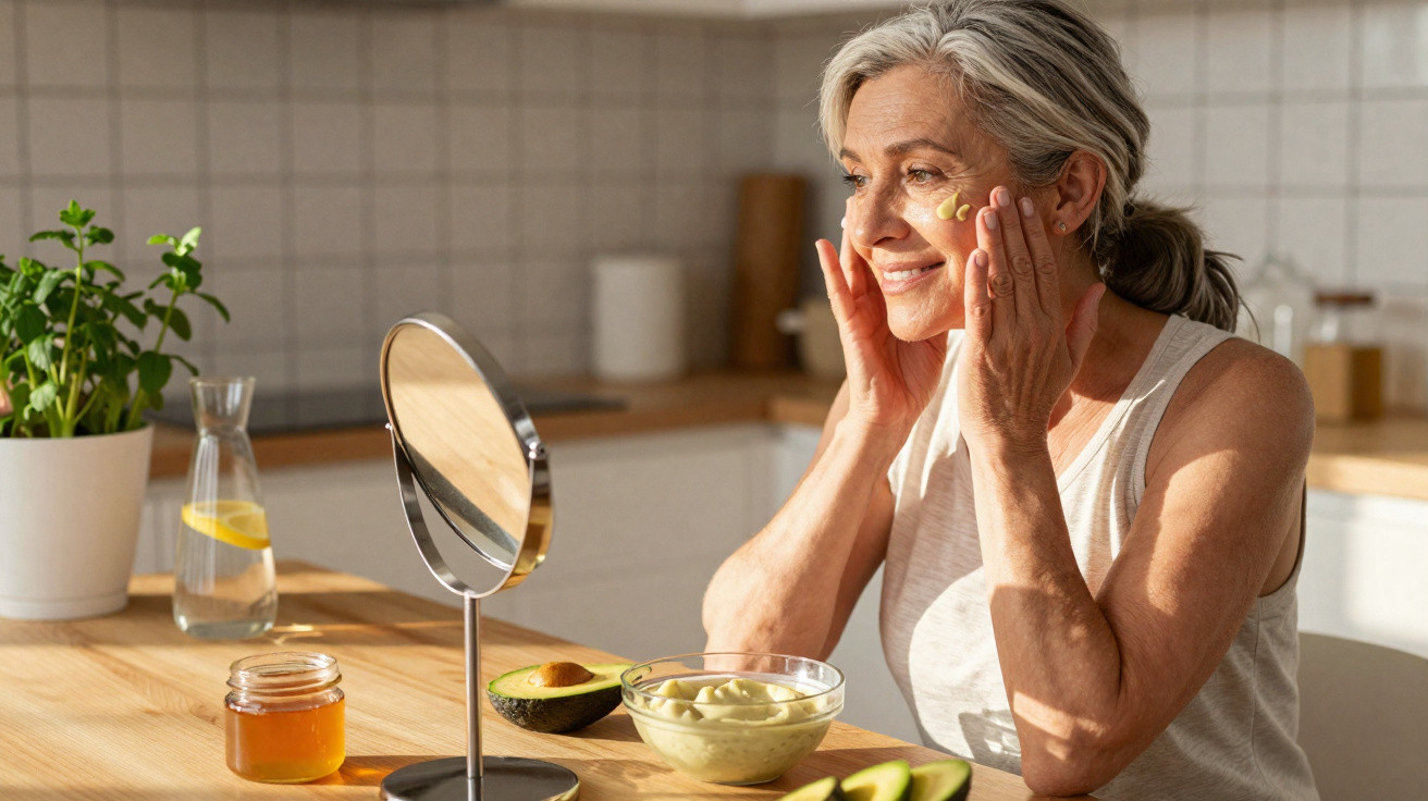 Mulher madura a aplicar creme no rosto numa cozinha iluminada com alimentos naturais à volta.