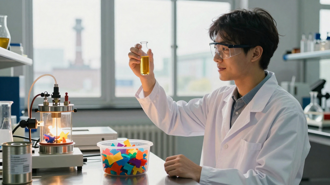 Cientista jovem em bata segura frasco com líquido amarelo em laboratório moderno com equipamento científico.