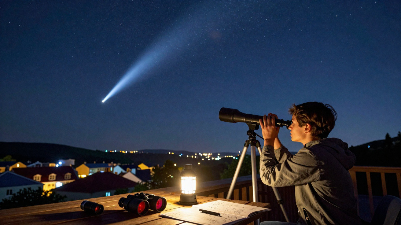 Rapaz observa um cometa com um telescópio numa varanda à noite, com binóculos e caderno na mesa.