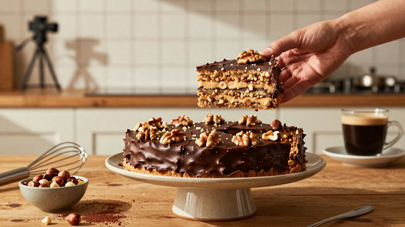 Fatia de bolo de chocolate com nozes e avelãs sendo retirada de bolo inteiro sobre base na cozinha.