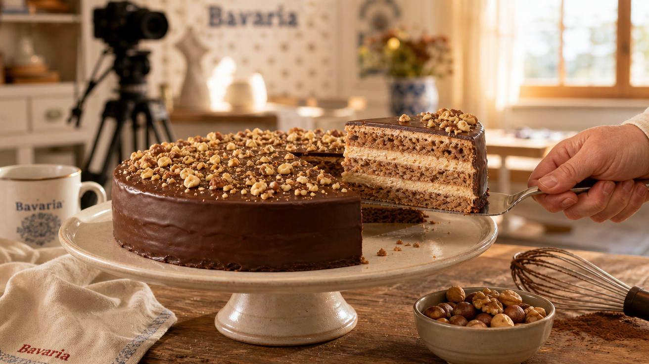 Bolo de chocolate com creme e avelãs, em prato de cerâmica, sendo servido numa cozinha iluminada.