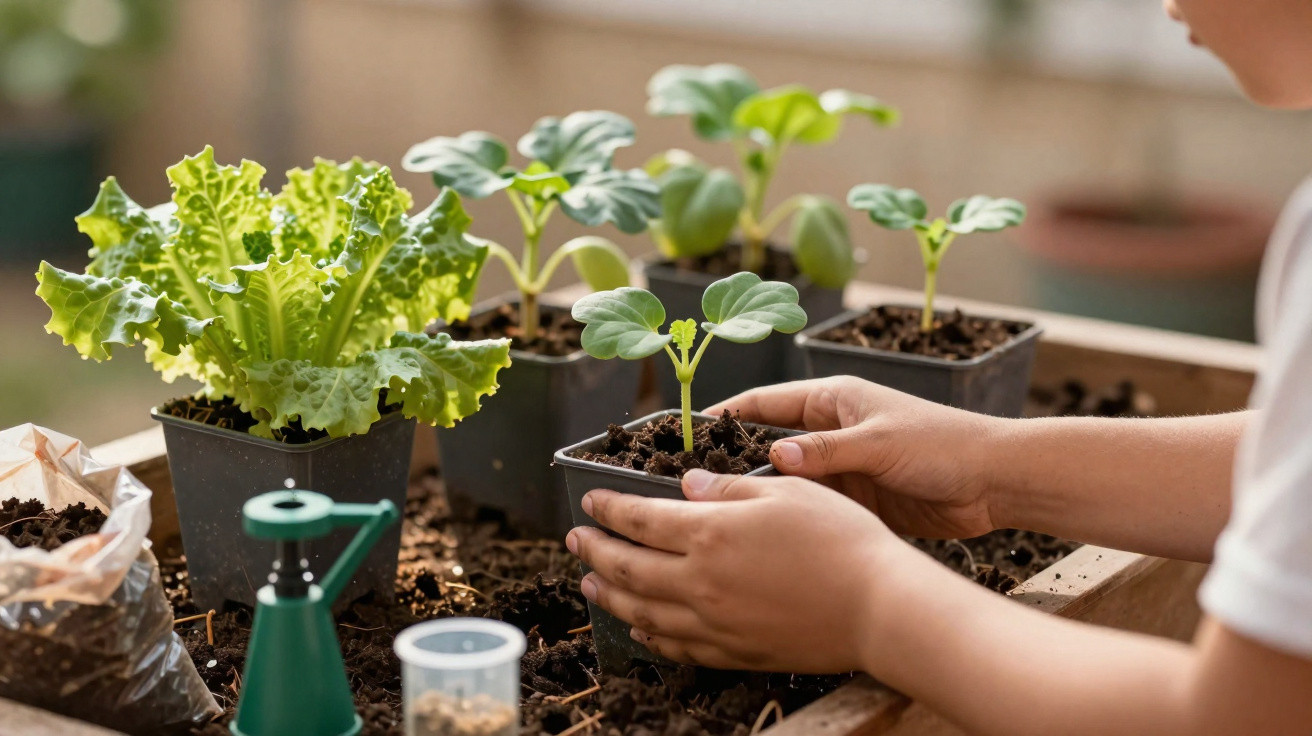 Mãos a transplantar muda de planta em vaso num canteiro com outras plantas e acessórios de jardinagem.