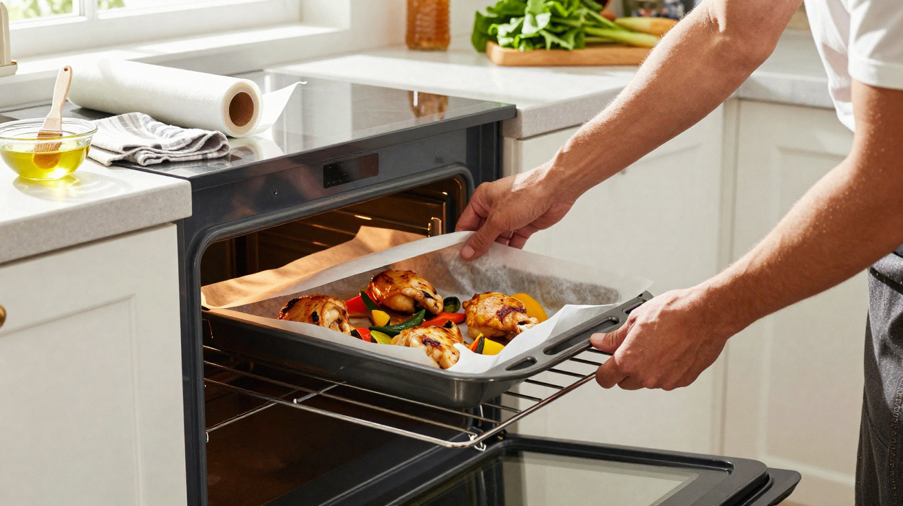 Pessoa a retirar tabuleiro com frango assado e legumes do forno numa cozinha iluminada.
