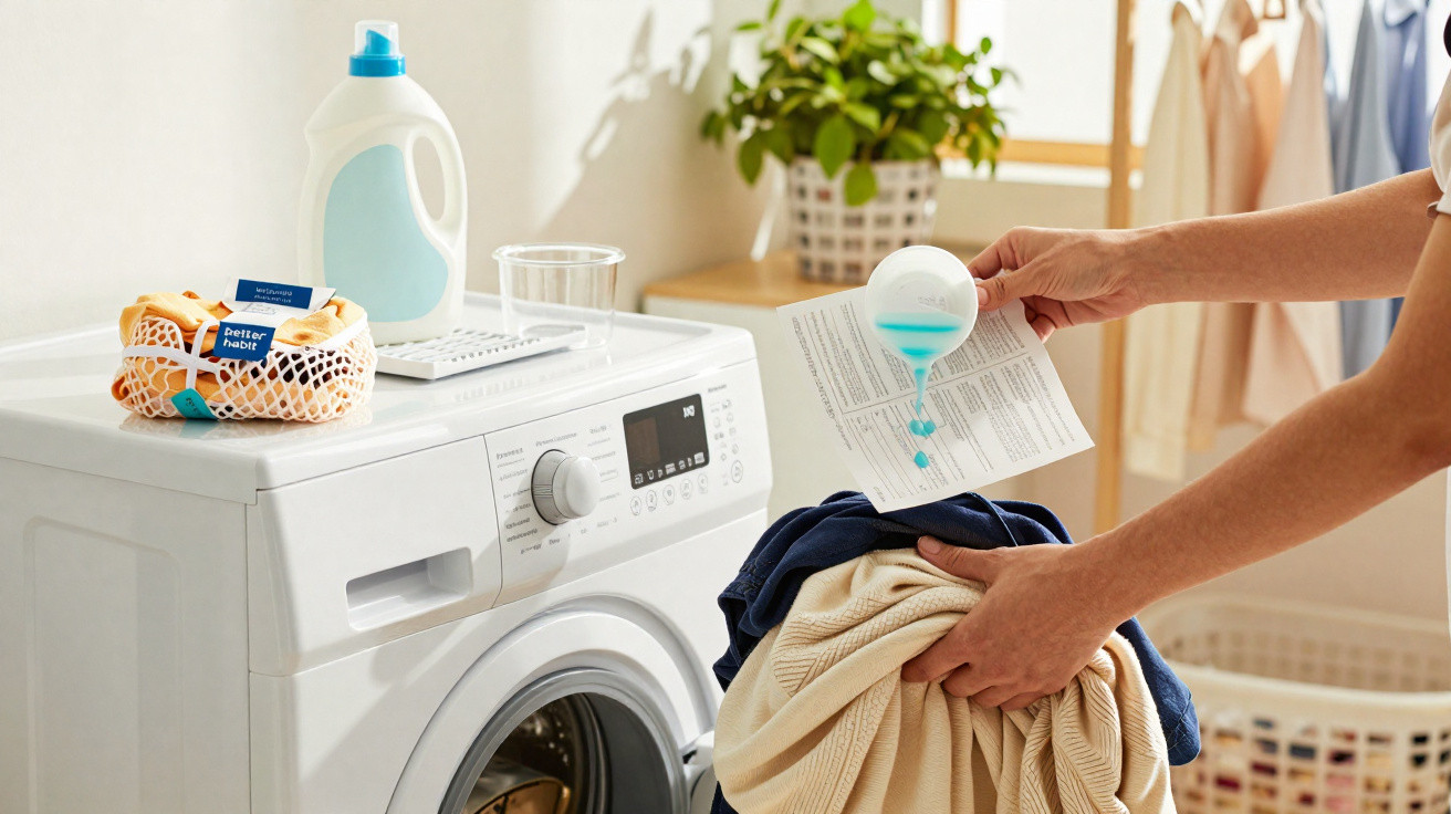 Pessoa a colocar detergente líquido numa roupa antes de a colocar na máquina de lavar branca numa divisão iluminada.