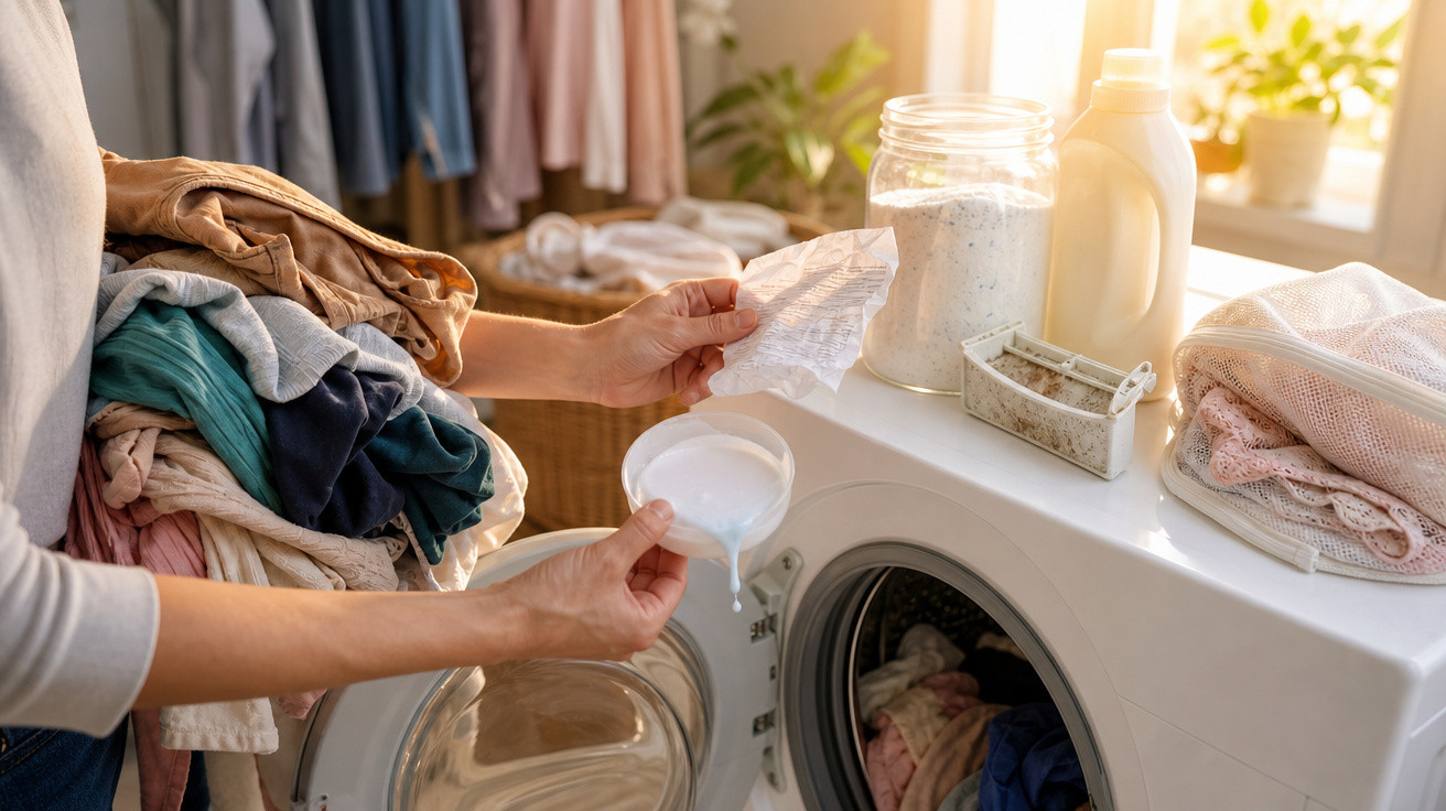 Pessoa a colocar detergente liquido na máquina de lavar roupa com pilha de roupas coloridas ao lado numa sala iluminada.