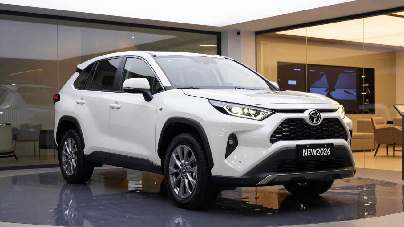 SUV branco Toyota novo modelo 2026 estacionado numa sala de exposição moderna com vidro.