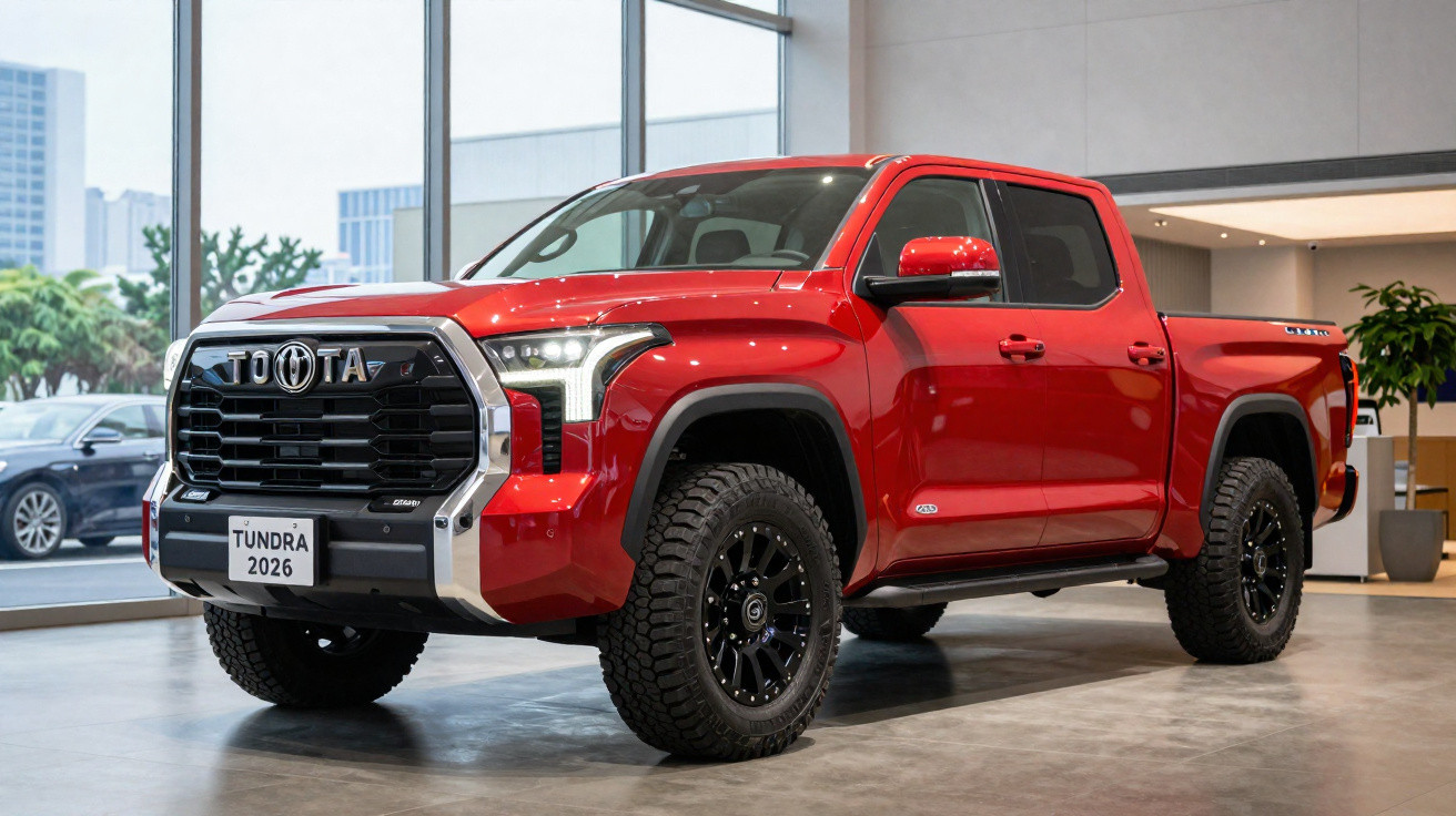 Pick-up Toyota Tundra 2026 vermelha exposta numa sala moderna com grandes janelas.