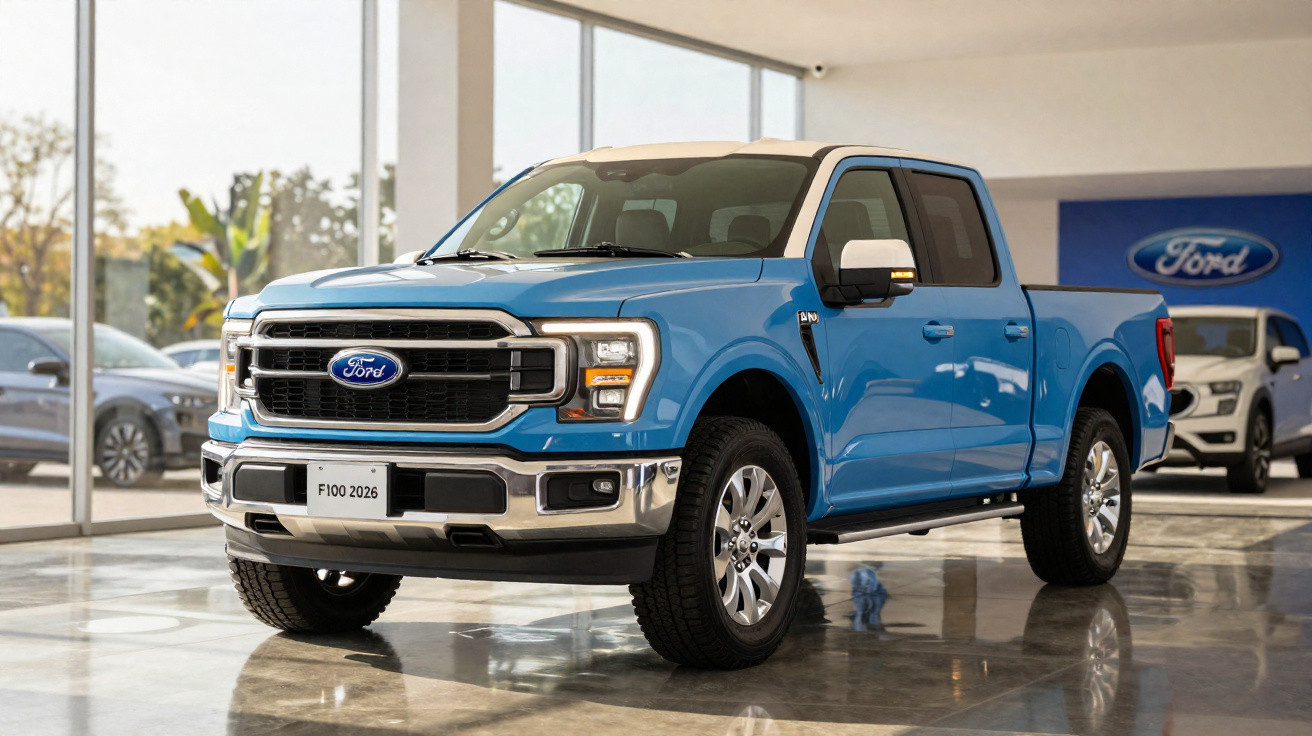 Picape Ford F-100 2026 azul brilhante em destaque numa concessionária moderna.