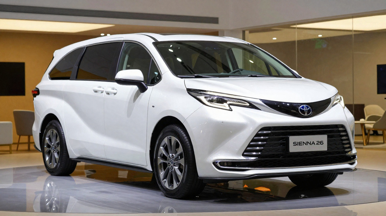 Carro familiar Toyota Sienna branco em exposição, com design moderno e rodas de liga leve.