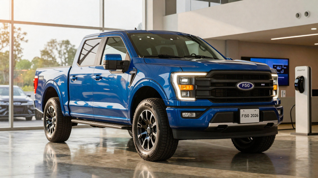 Camião pick-up azul Ford F150 2026 em exposição interior com vidro e iluminação natural.