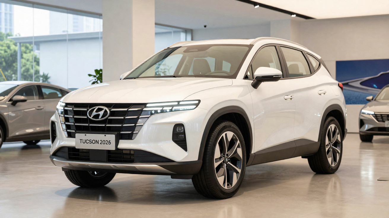 SUV Hyundai Tucson branco modelo 2026 exibido num showroom moderno e luminoso.