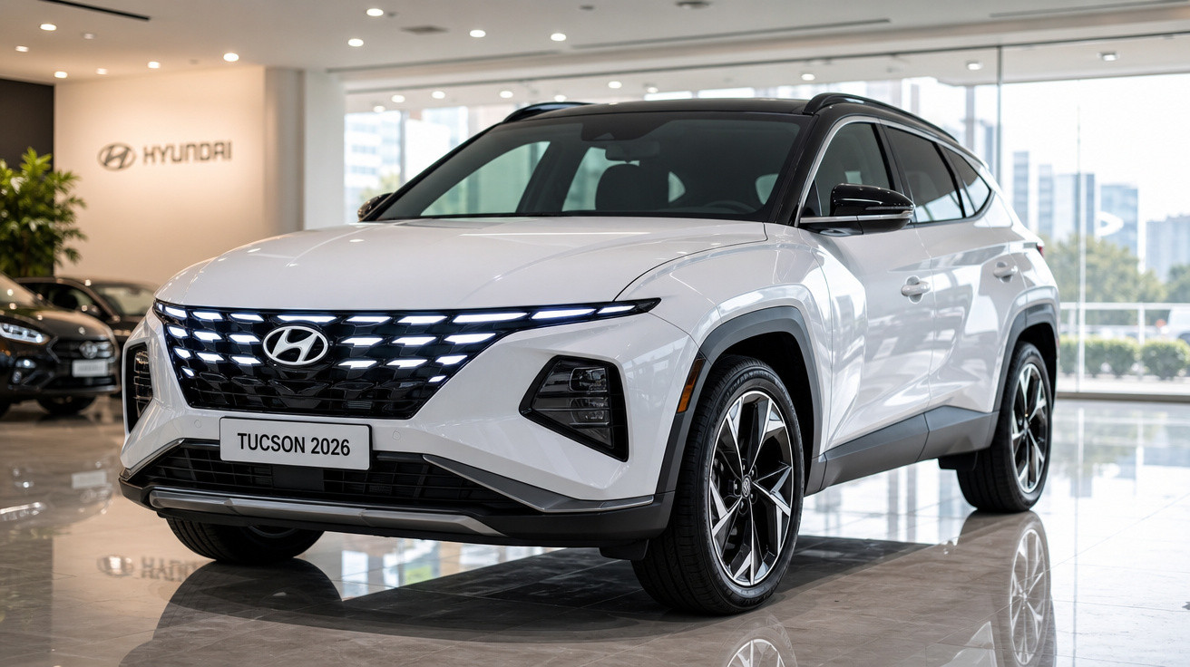 SUV Hyundai Tucson 2026 branco em exibição numa concessionária moderna com chão refletor.
