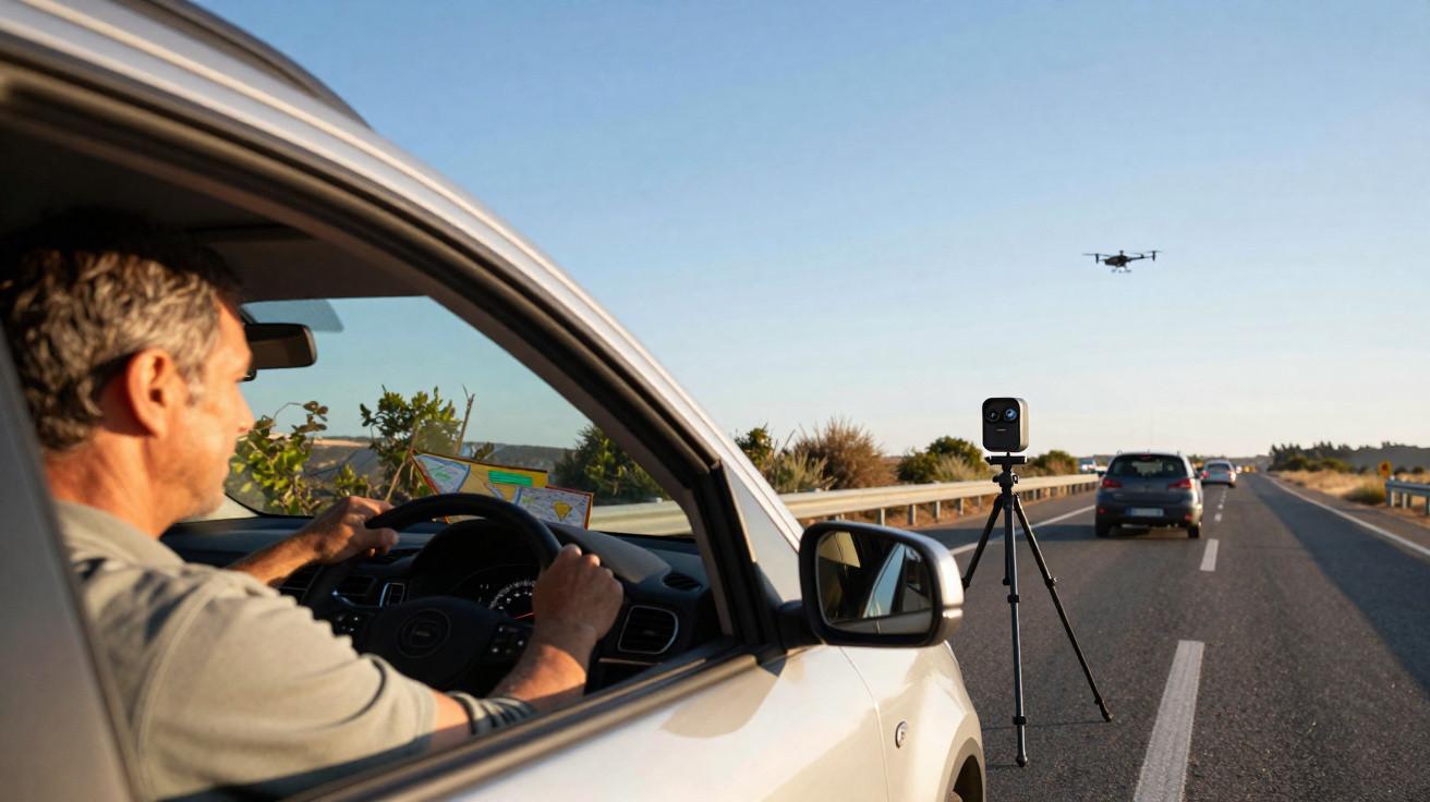 Homem a conduzir carro numa estrada com um drone e uma câmara em tripé a monitorizar o trânsito.