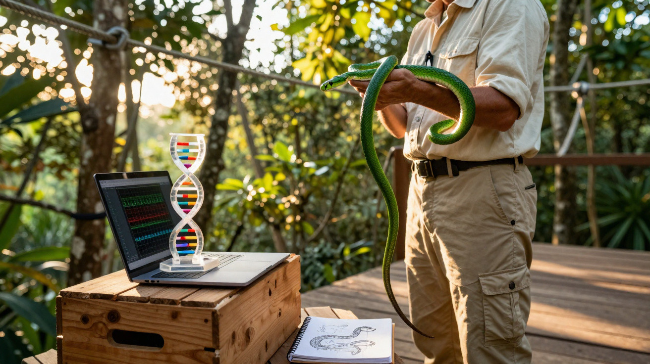 Homem segura cobra verde enquanto analisa dados genéticos ao ar livre com laptop e modelo de DNA.
