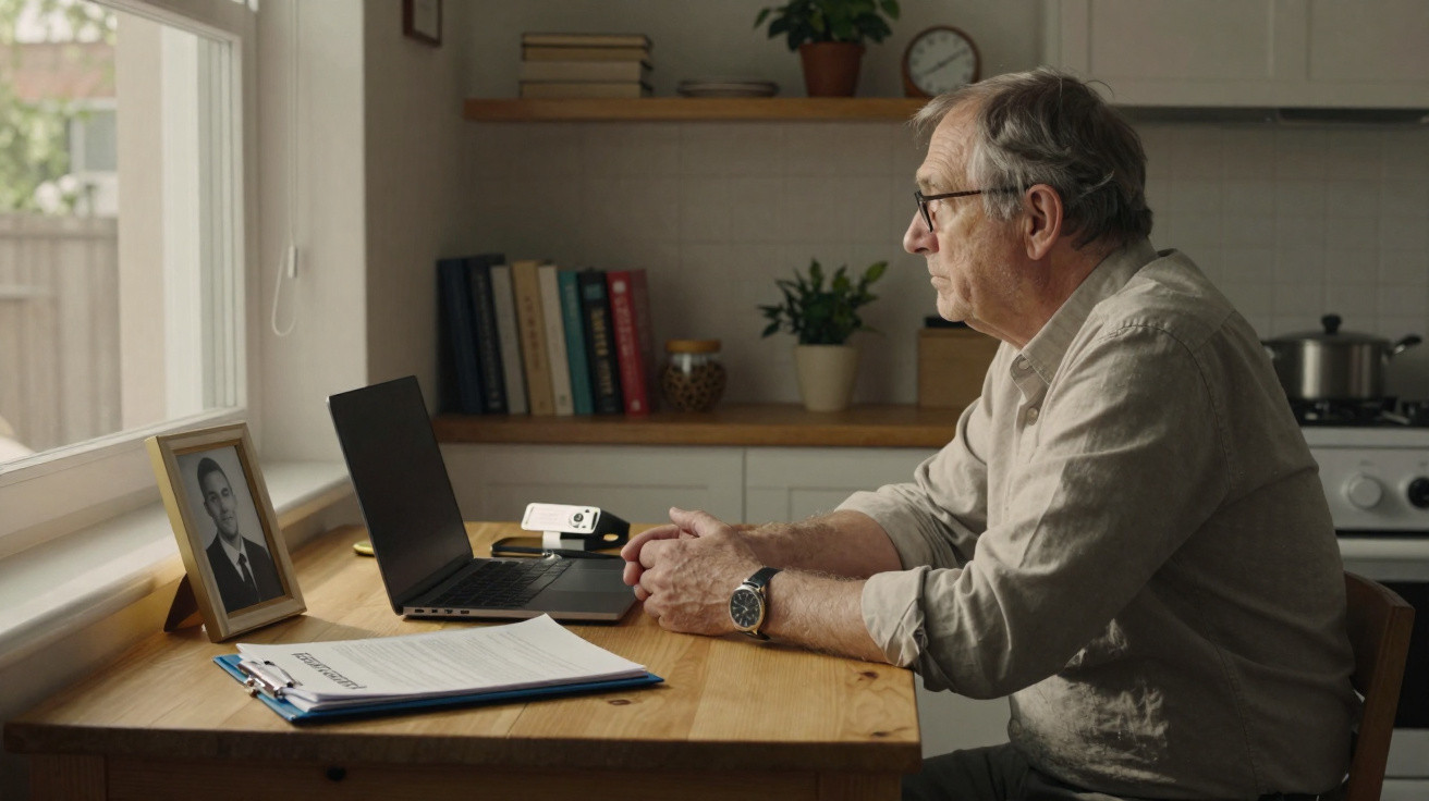 Homem idoso sentado à mesa a olhar para um computador portátil numa cozinha luminosa.