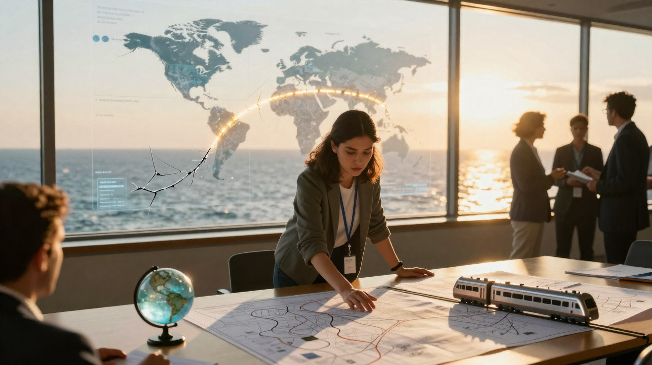 Profissional a analisar mapa de rede ferroviária com modelo de comboio e globo, escritório com vista para o mar.