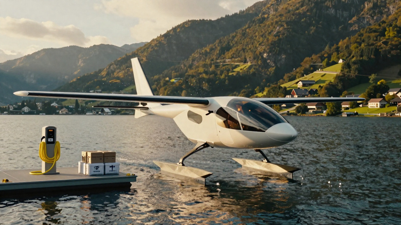 Avião elétrico hidroavião branco atracado num cais num lago com montanhas e casas ao fundo.