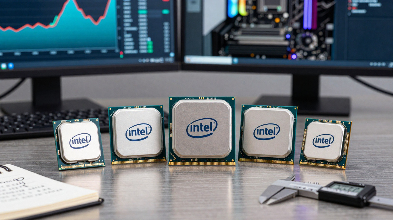 Cinco processadores Intel de diferentes tamanhos alinhados sobre uma mesa com dois ecrãs e ferramentas ao fundo.