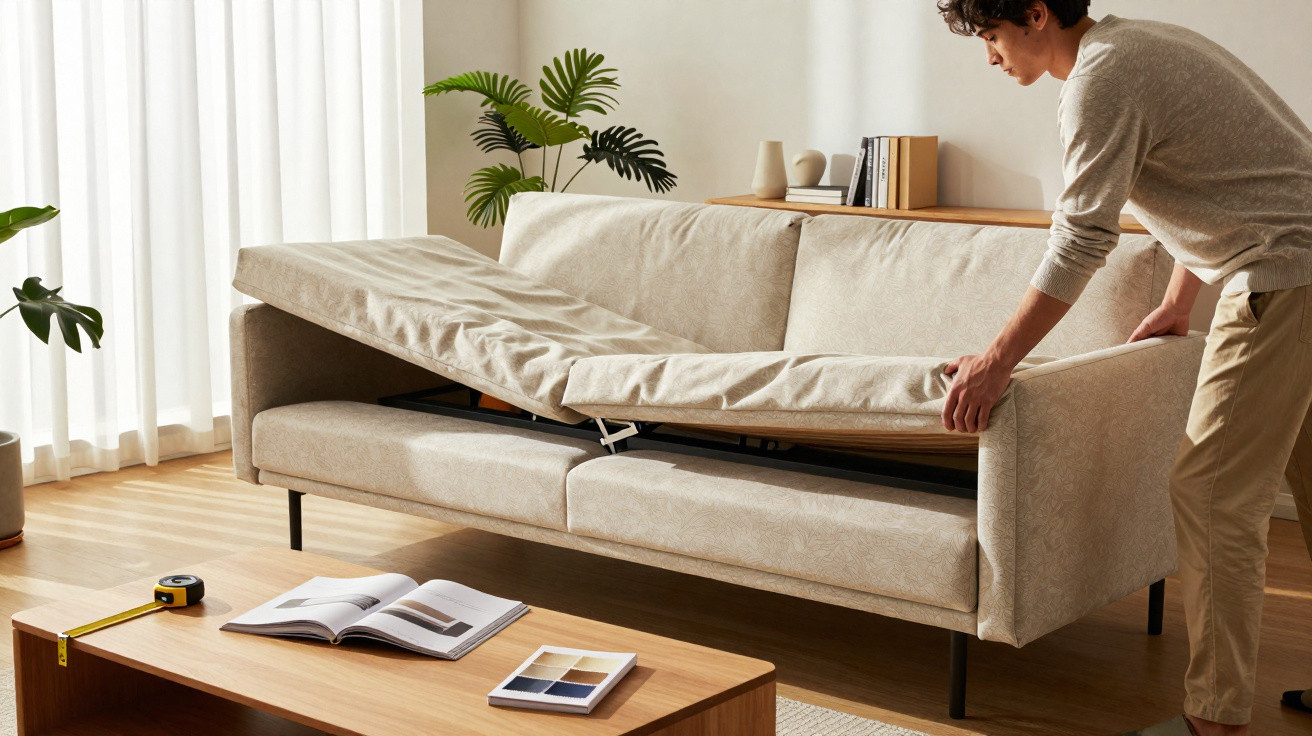 Pessoa a abrir compartimento de arrumação num sofá bege numa sala com mesa de madeira e plantas.