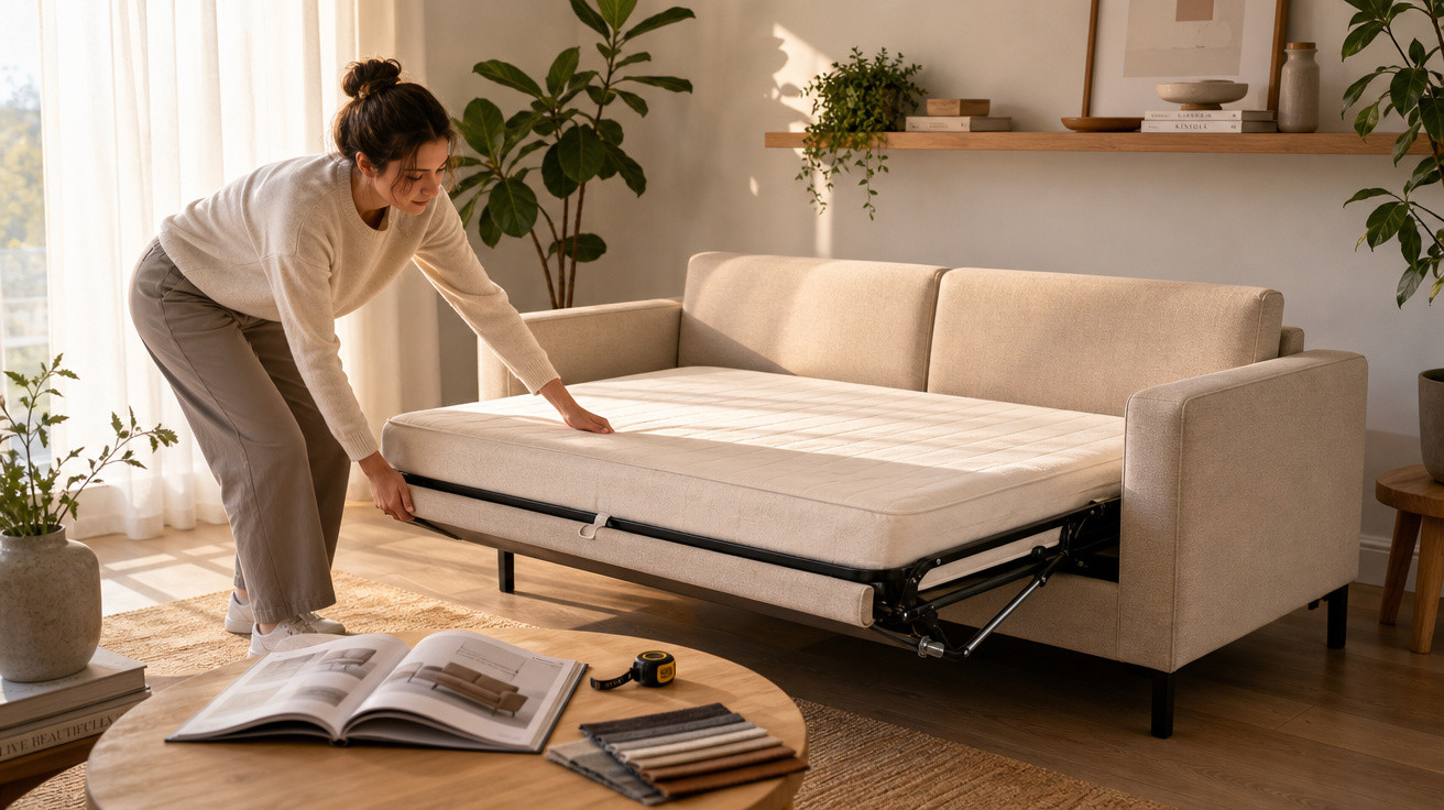 Mulher a transformar sofá em cama numa sala iluminada com plantas e decoração minimalista.
