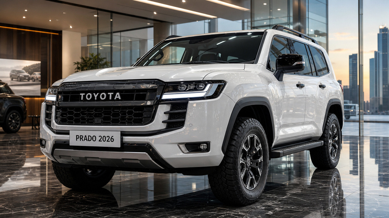 Toyota Prado 2026 branco exibido numa sala de exposição moderna com chão em mármore escuro.