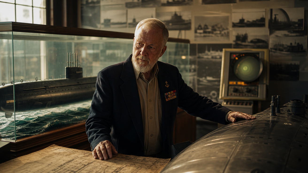Homem idoso com fato militar ao lado de maquetes e mapa de submarinos numa sala de exposição histórica.