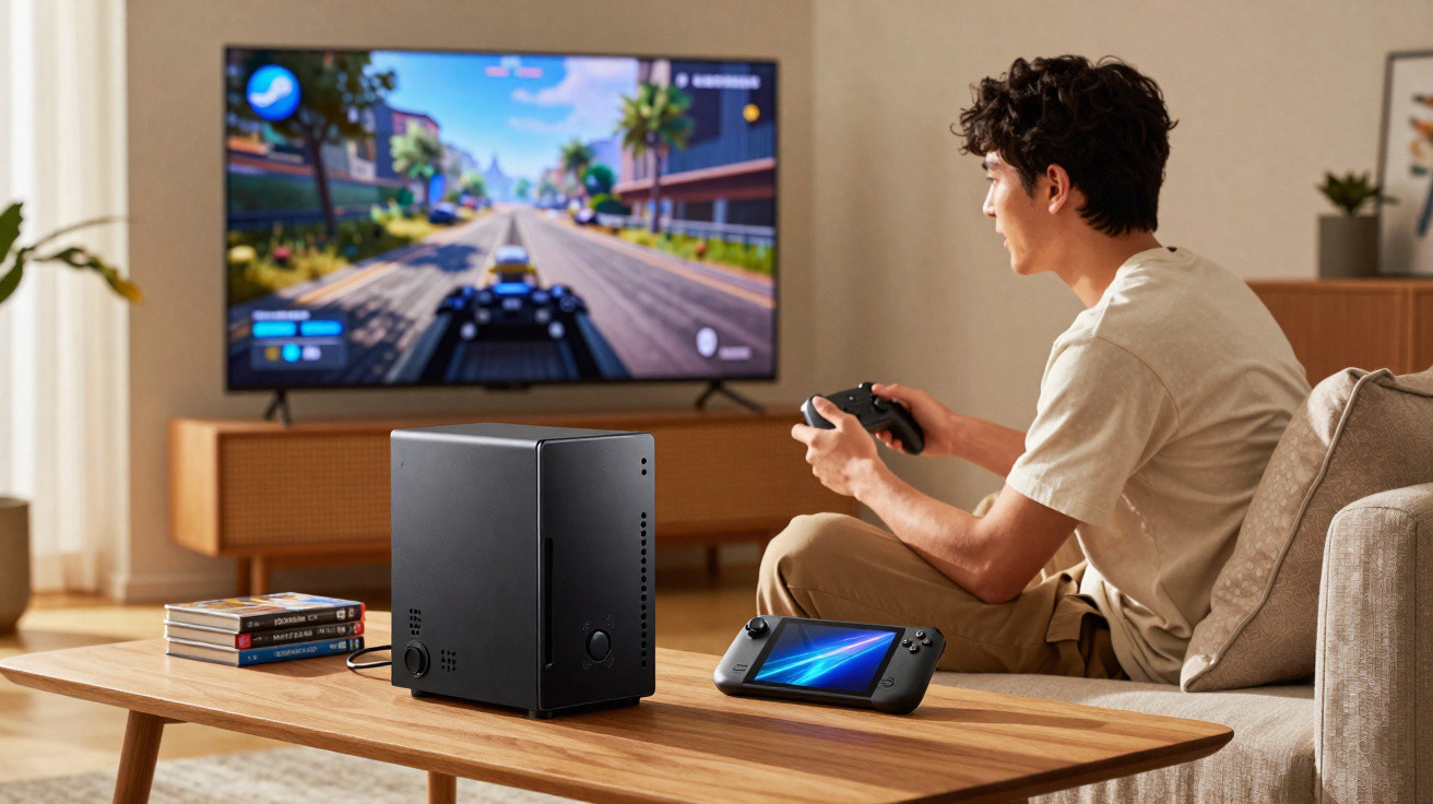 Jovem sentado no sofá a jogar videojogos numa consola ligada à televisão na sala moderna e iluminada.