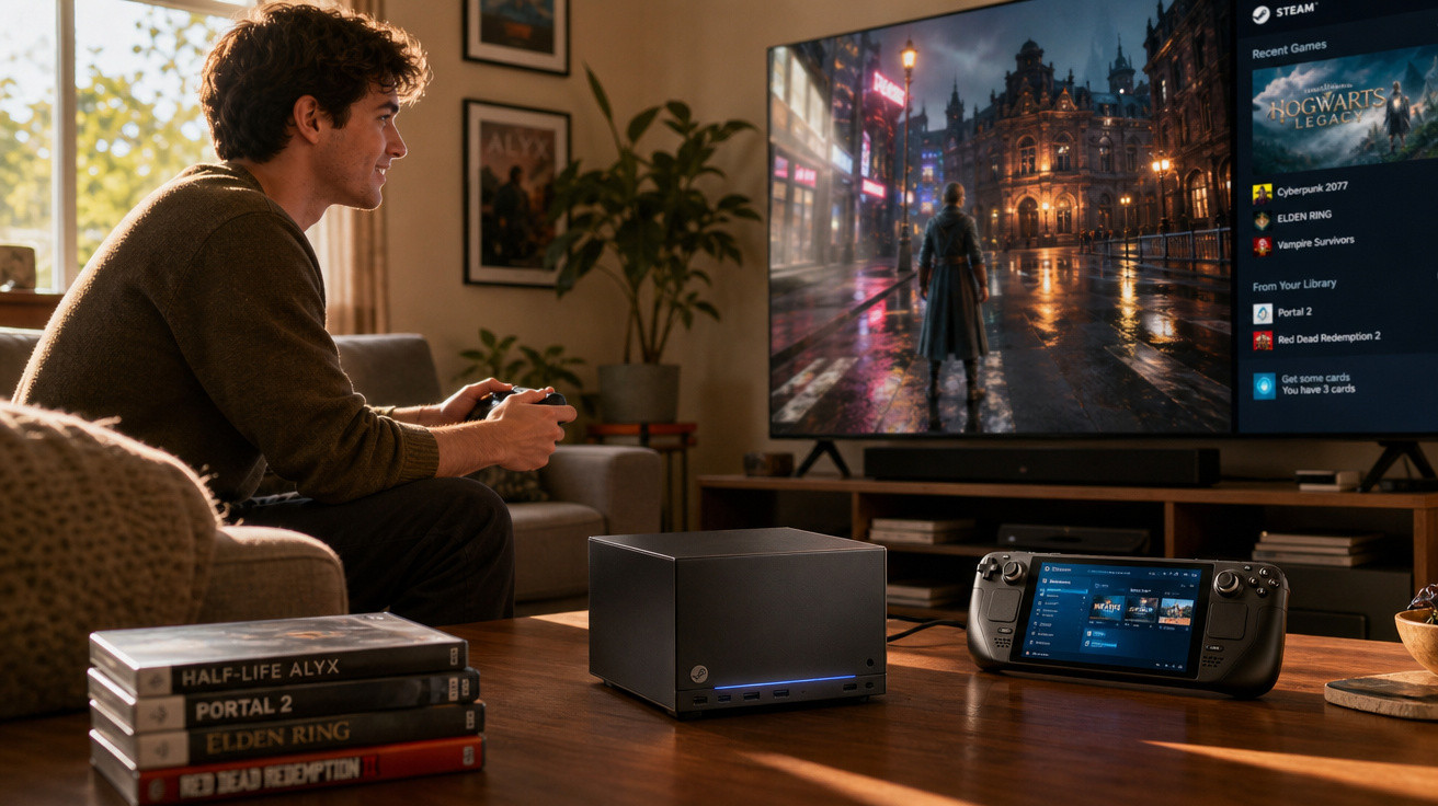 Homem sentado a jogar videojogos numa sala com consola Steam Deck, jogos e ecrã grande ligado.