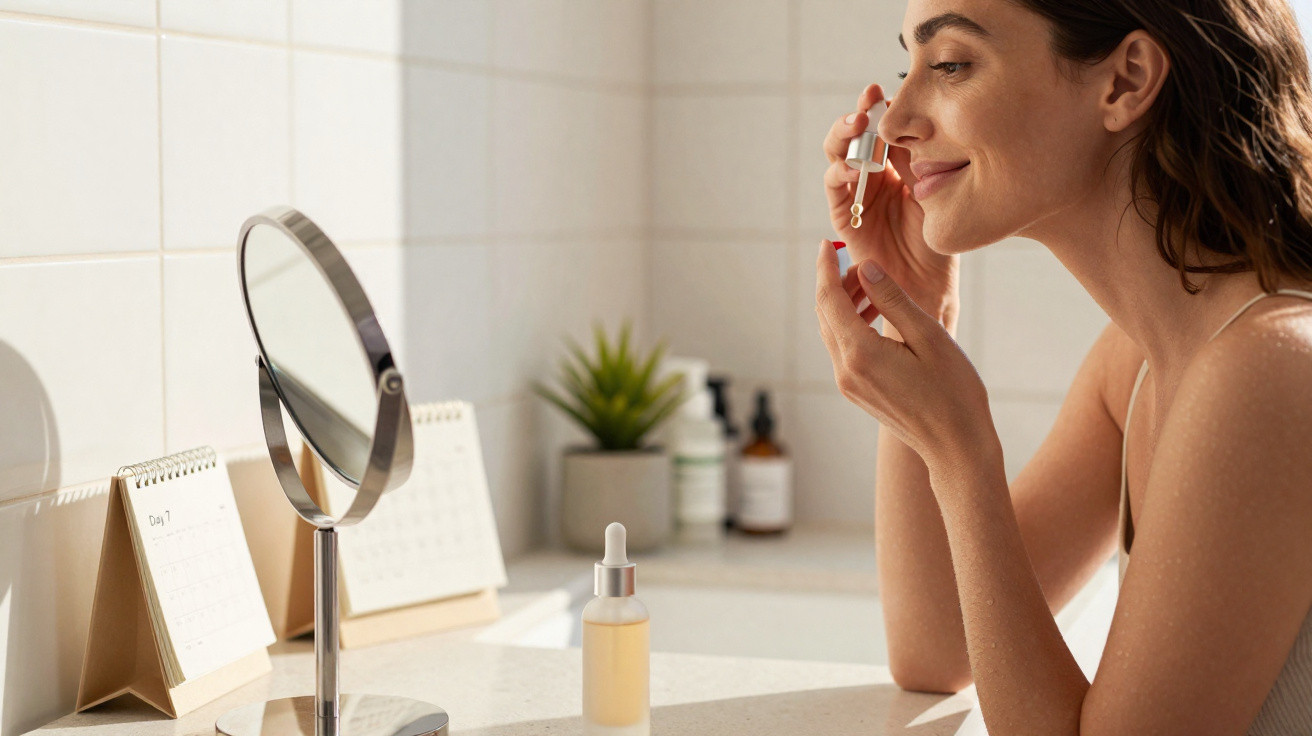 Mulher a aplicar sérum facial com conta-gotas em frente a um espelho no lavatório de casa.