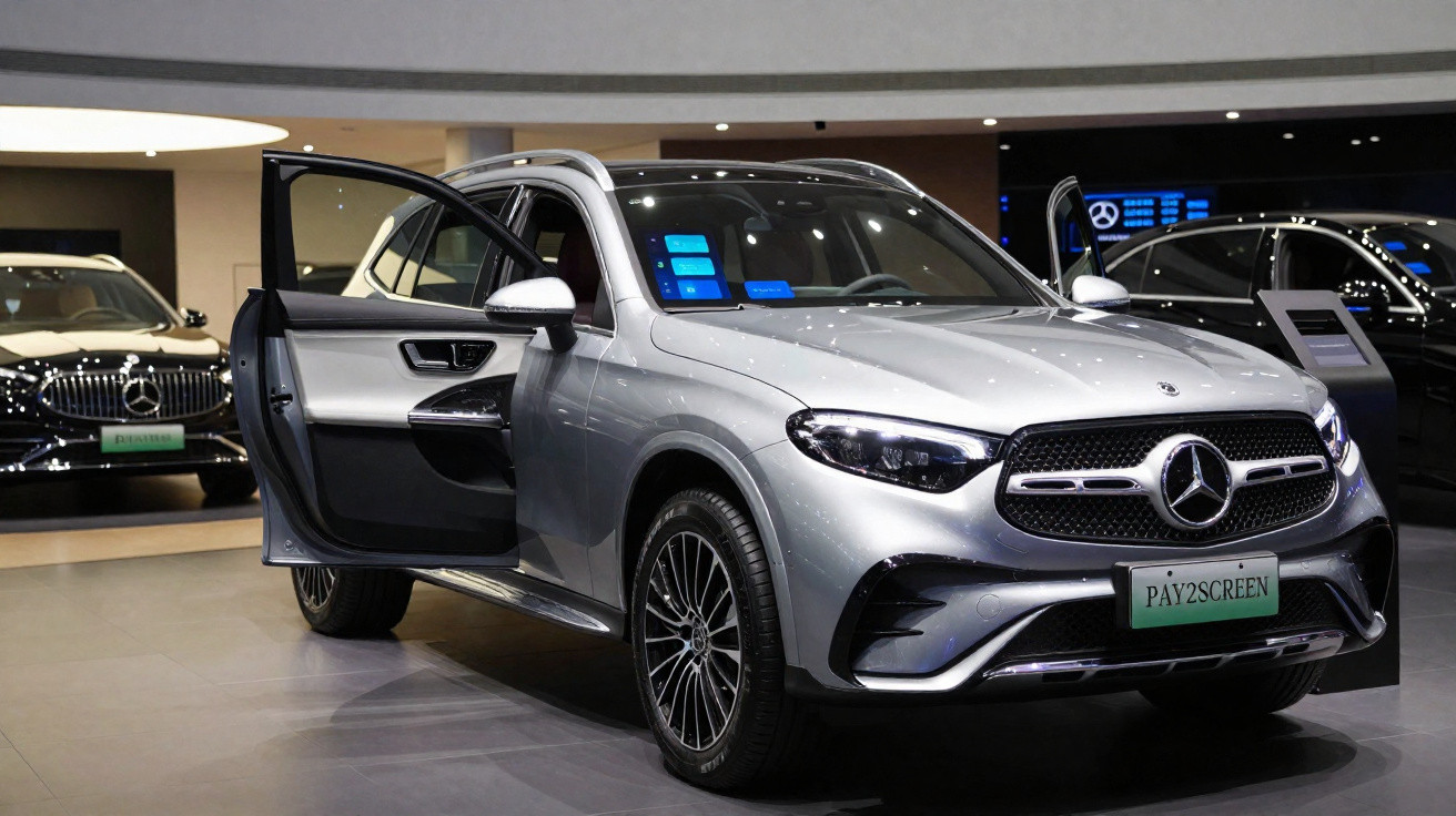 Carro Mercedes-Benz SUV prata com porta dianteira aberta em exposição num salão automóvel.