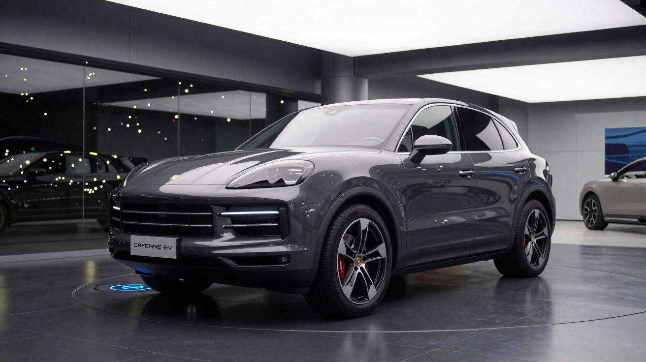 SUV Porsche Cayenne EV cinza exposto em salão moderno com iluminação branca.